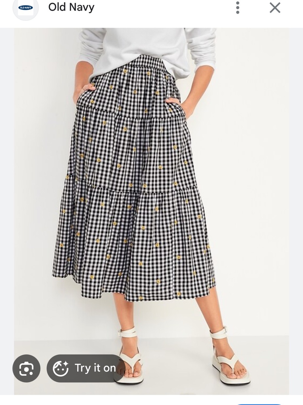 Old Navy Black & White Gingham Maxi Skirt with Yellow Floral Accents